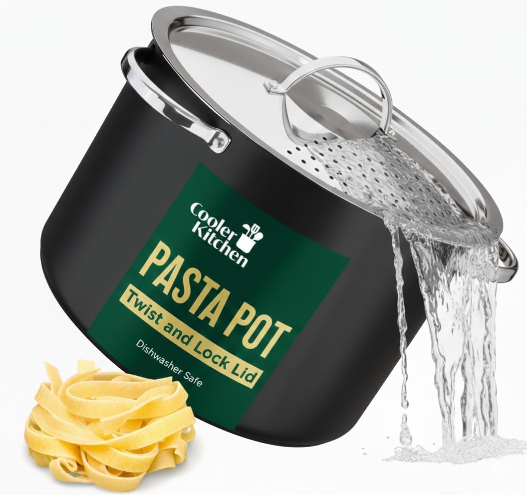 Stainless Steel Pasta Pot with Locking Strainer Lid - 5.5 Quart Large Capacity | Twist & Lock for Easy Drain & No Colander
