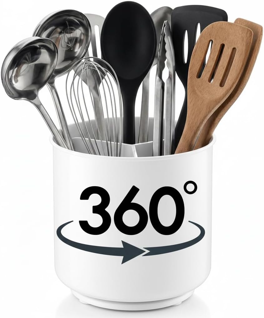 Cooler Kitchen Extra Large and Sturdy Rotating Utensil Holder Caddy with No-Tip Weighted Base, Removable Divider, and Gripped Insert | Rust Proof and Dishwasher Safe