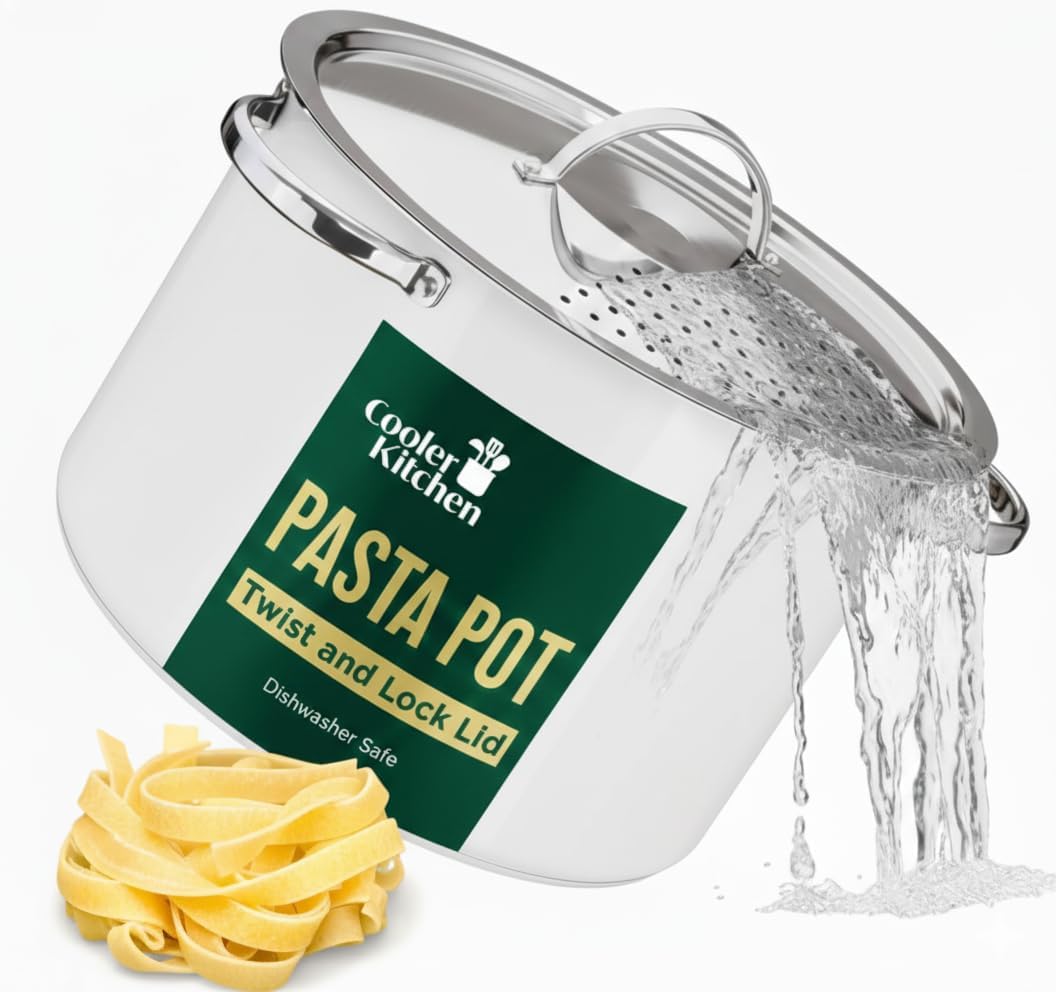 Stainless Steel Pasta Pot with Locking Strainer Lid - 5.5 Quart Large Capacity | Twist & Lock for Easy Drain & No Colander