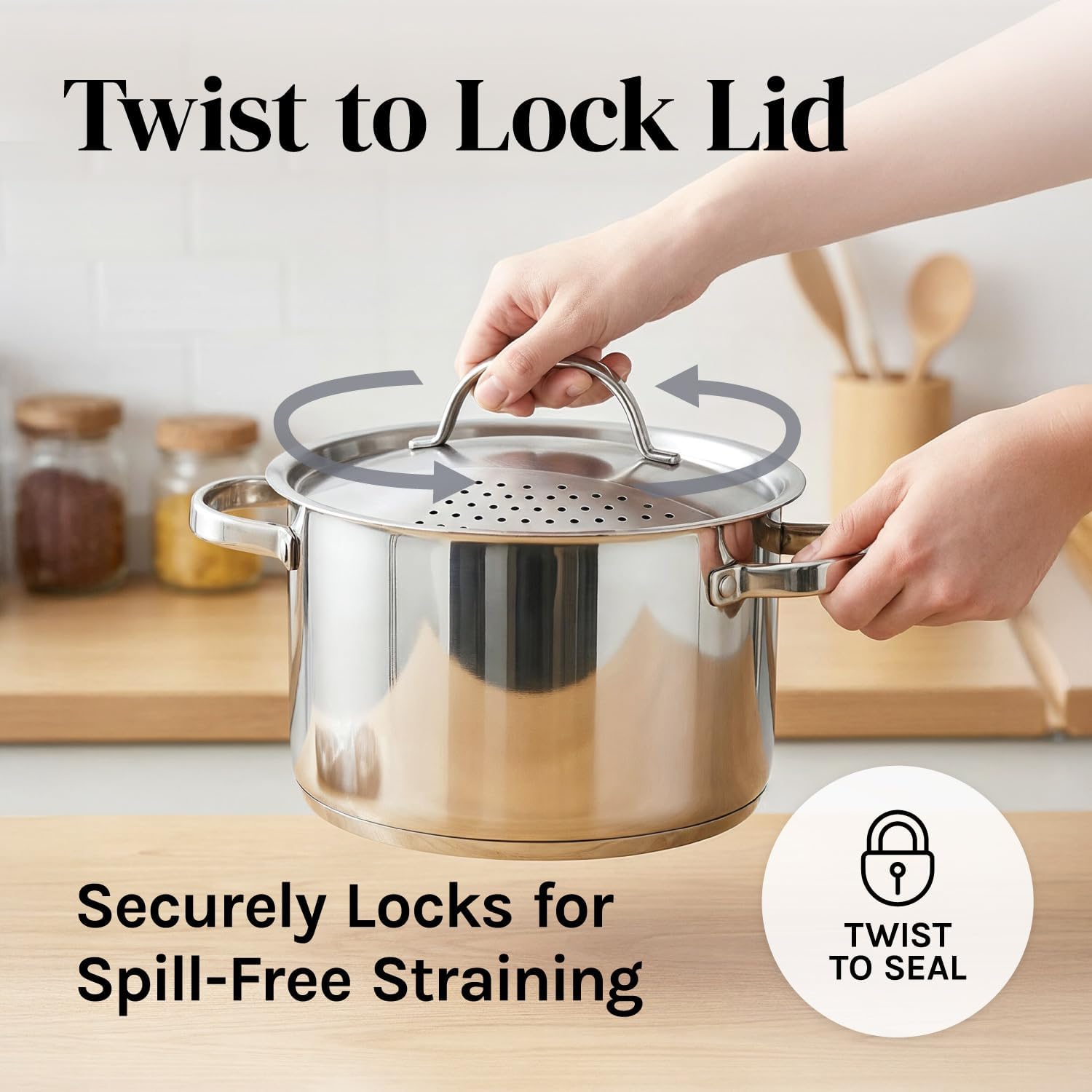 Stainless Steel Pasta Pot with Locking Strainer Lid - 5.5 Quart Large Capacity | Twist & Lock for Easy Drain & No Colander