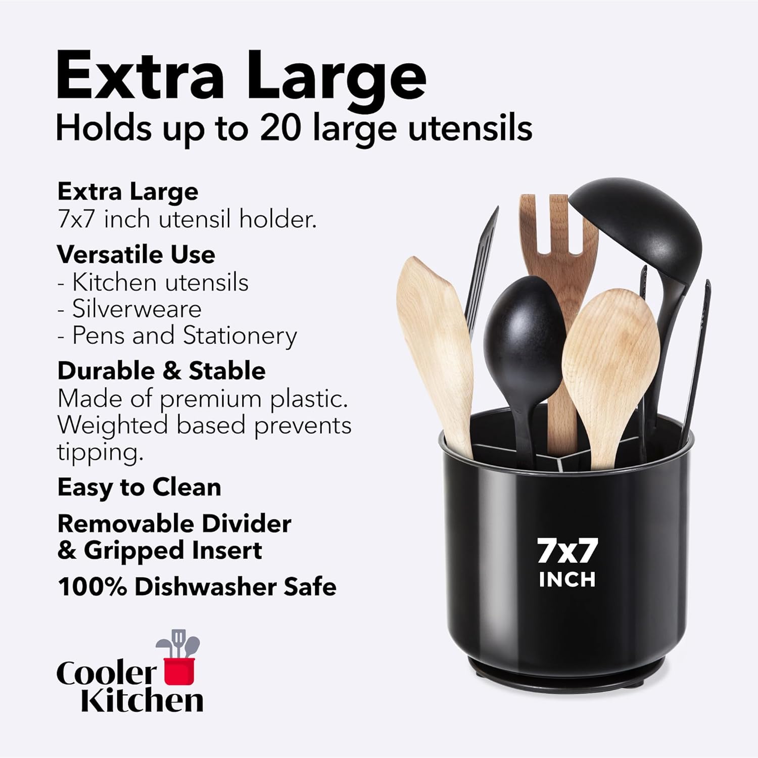 Cooler Kitchen Extra Large and Sturdy Rotating Utensil Holder Caddy with No-Tip Weighted Base, Removable Divider, and Gripped Insert | Rust Proof and Dishwasher Safe