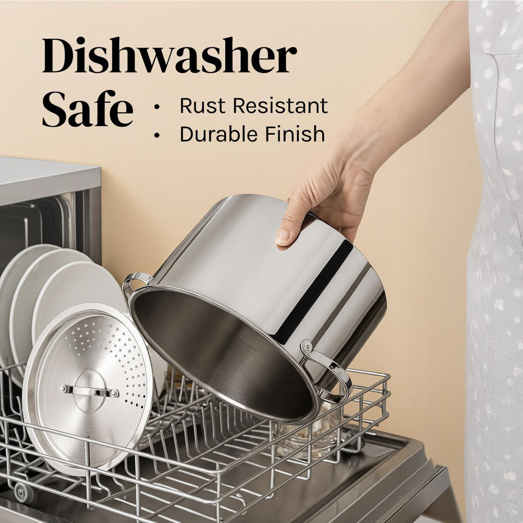 Stainless Steel Pasta Pot with Locking Strainer Lid - 5.5 Quart Large Capacity | Twist & Lock for Easy Drain & No Colander