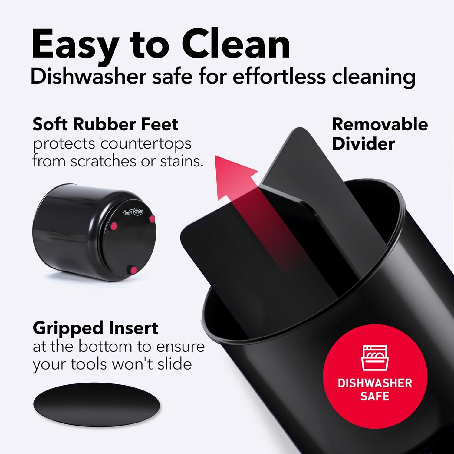 Cooler Kitchen Extra Large and Sturdy Rotating Utensil Holder Caddy with No-Tip Weighted Base, Removable Divider, and Gripped Insert | Rust Proof and Dishwasher Safe