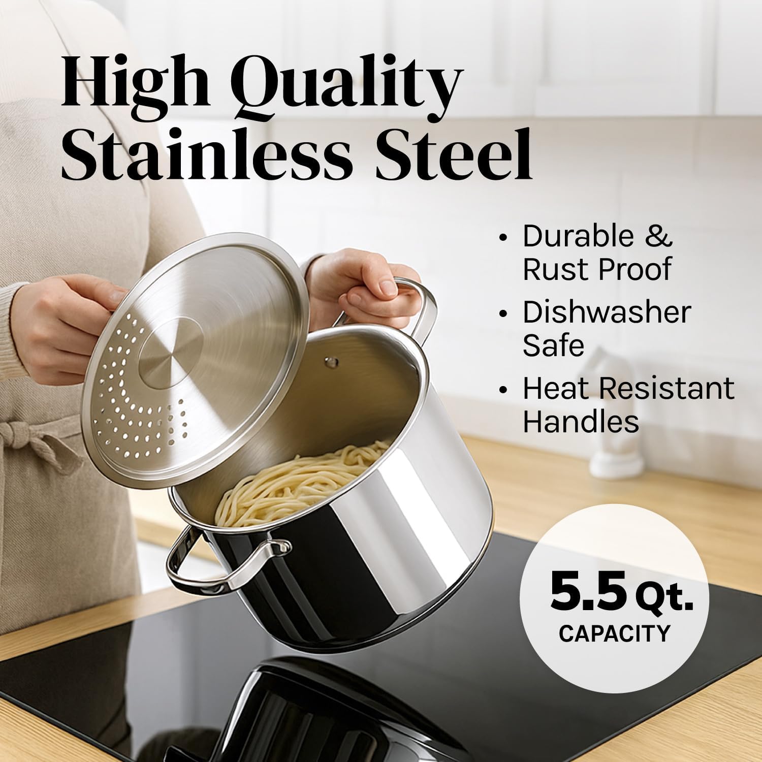 Stainless Steel Pasta Pot with Locking Strainer Lid - 5.5 Quart Large Capacity | Twist & Lock for Easy Drain & No Colander