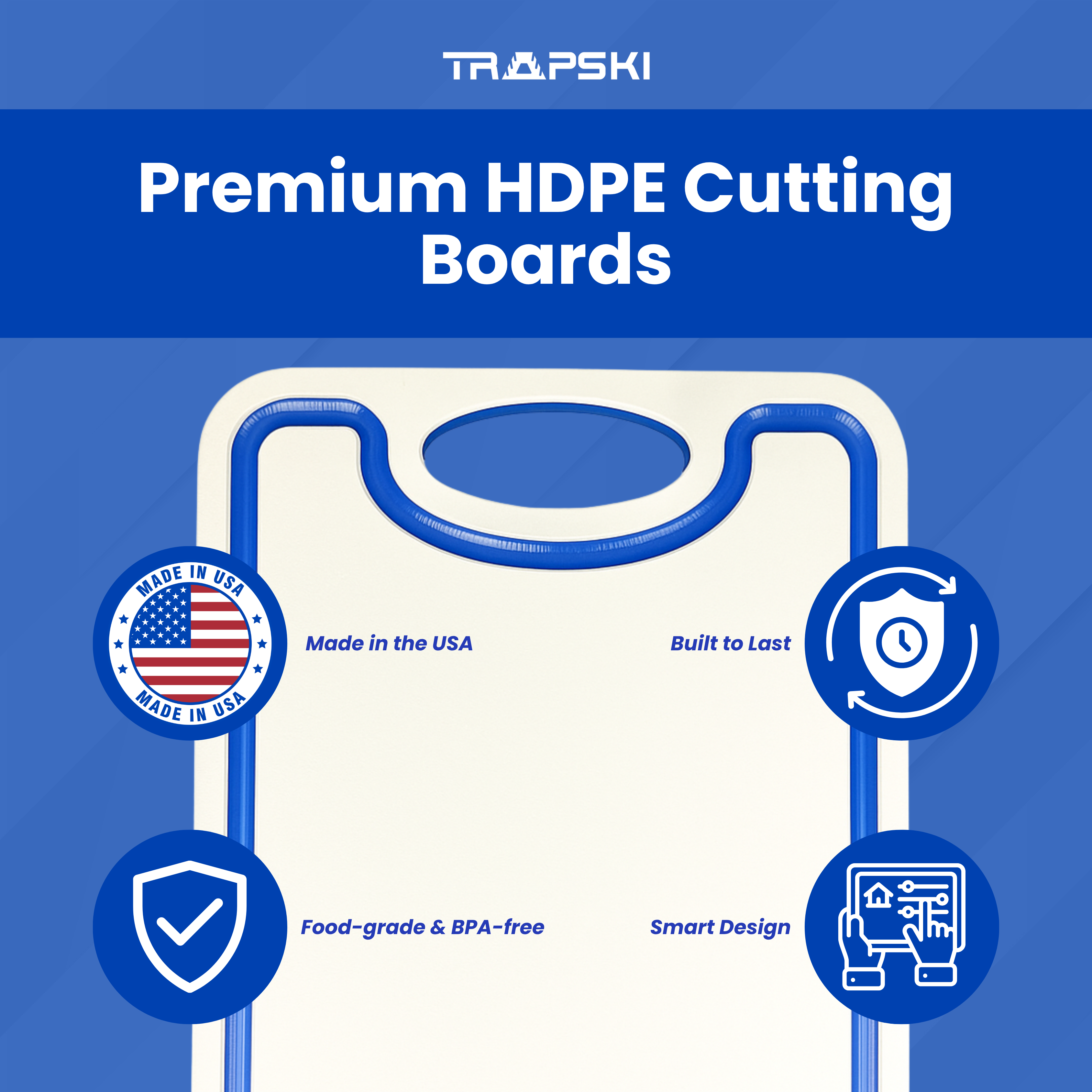 TRAPSKI Premium 1/2 Inch Thick HDPE Cutting Boards | Food-Grade Kitchen Prep Surface | Juice Grooves | Made in the USA