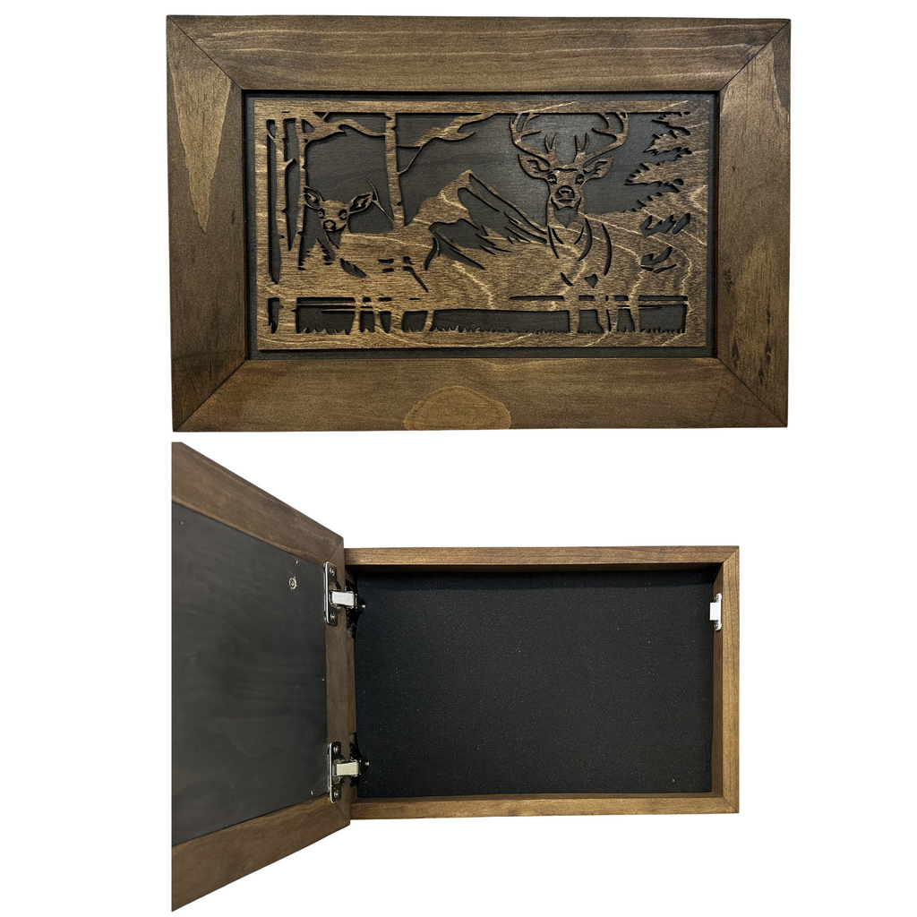 Buck and Doe in The Woods Gun Concealment Furniture - Handcrafted Hidden Gun Storage Wall Decor - Hidden Gun Shelf with Magnetic Lock for Quick Access