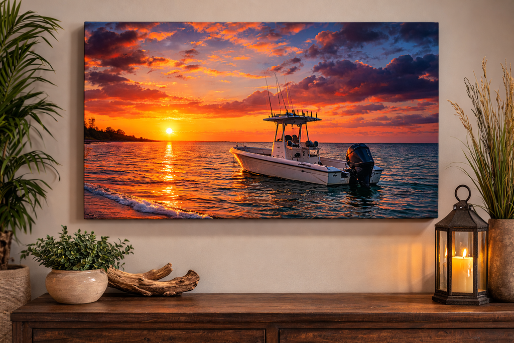 Sunset Fishing Boat Canvas Wall Art