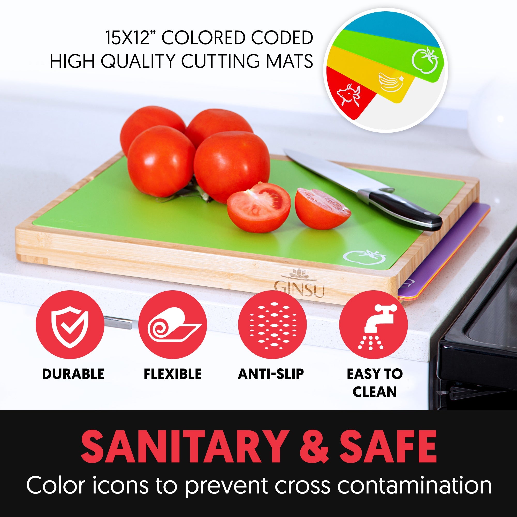 Ginsu Bamboo Wood Cutting Board Set with 6 Color-Coded Mats and Food Icons for Easy Meal Prep and Cleanup