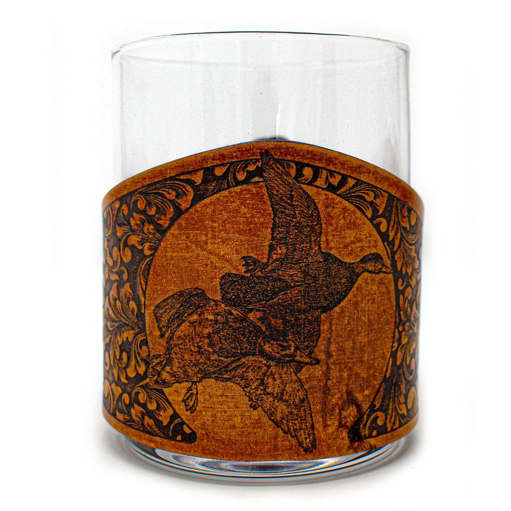 Handcrafted Leather Whiskey Glass Wraps | Mallards in Flight