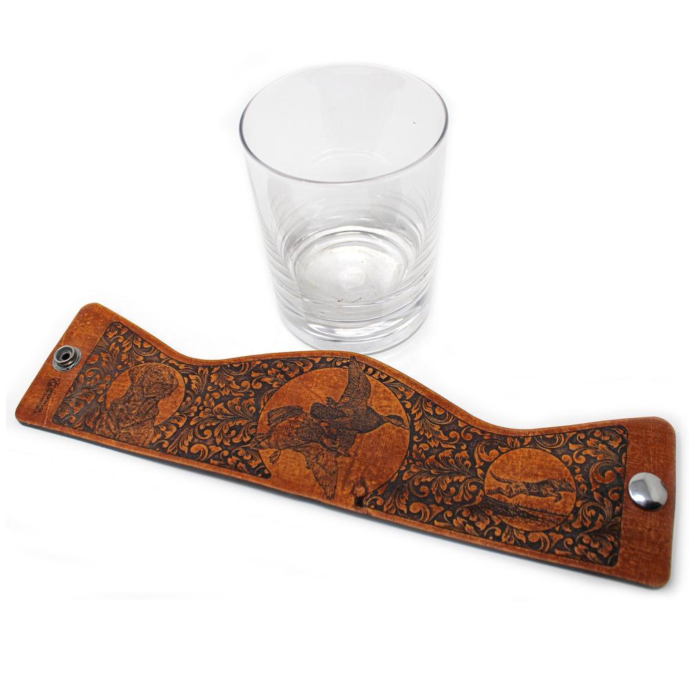 Handcrafted Leather Whiskey Glass Wraps | Mallards in Flight