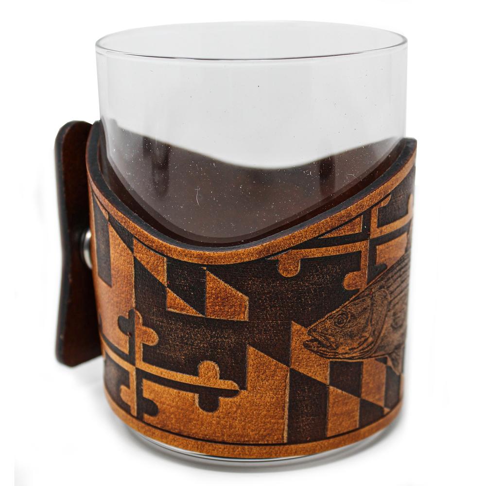 Whiskey Glass Leather Wrap - MD Style Striper Rocks Glass