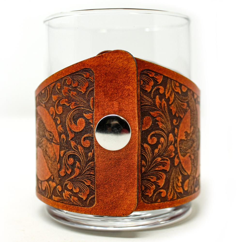 Whiskey Glass Leather Wrap - Mallard Ducks