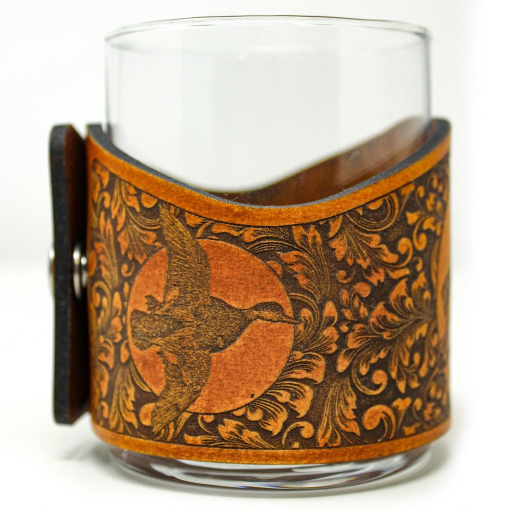 Whiskey Glass Leather Wrap - Mallard Ducks