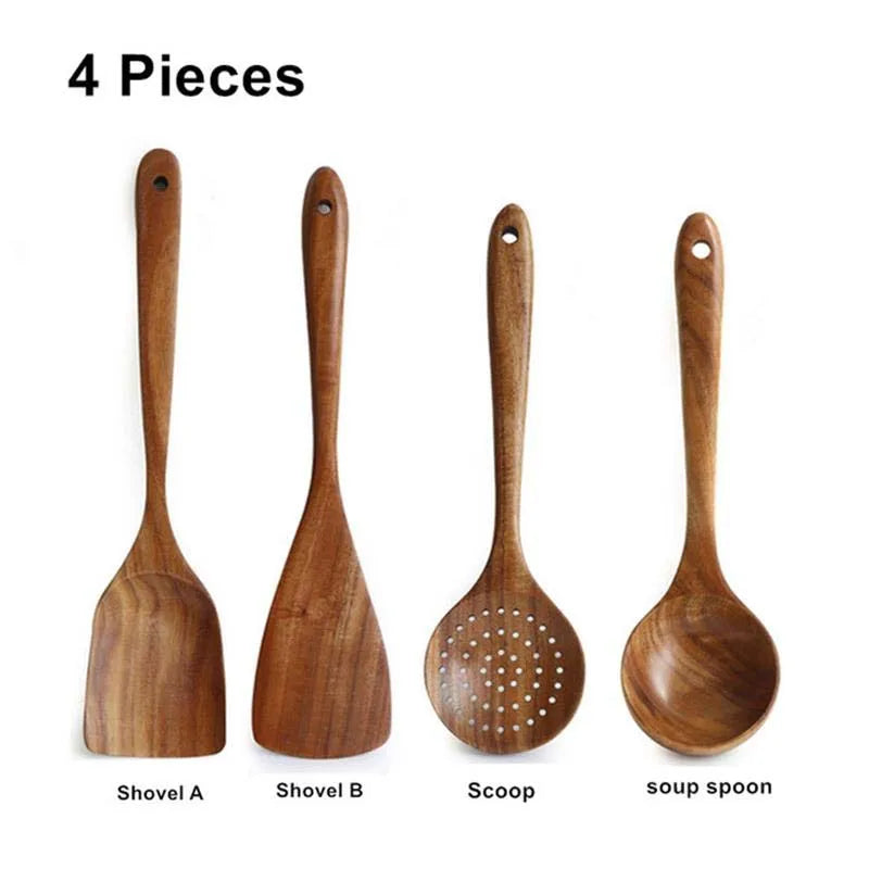 DecorBites™ 9-Piece Wooden Cooking Utensils Set with Holder - Teak Kitchen Tools