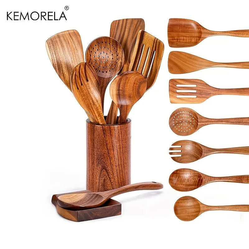 DecorBites™ 9-Piece Wooden Cooking Utensils Set with Holder - Teak Kitchen Tools
