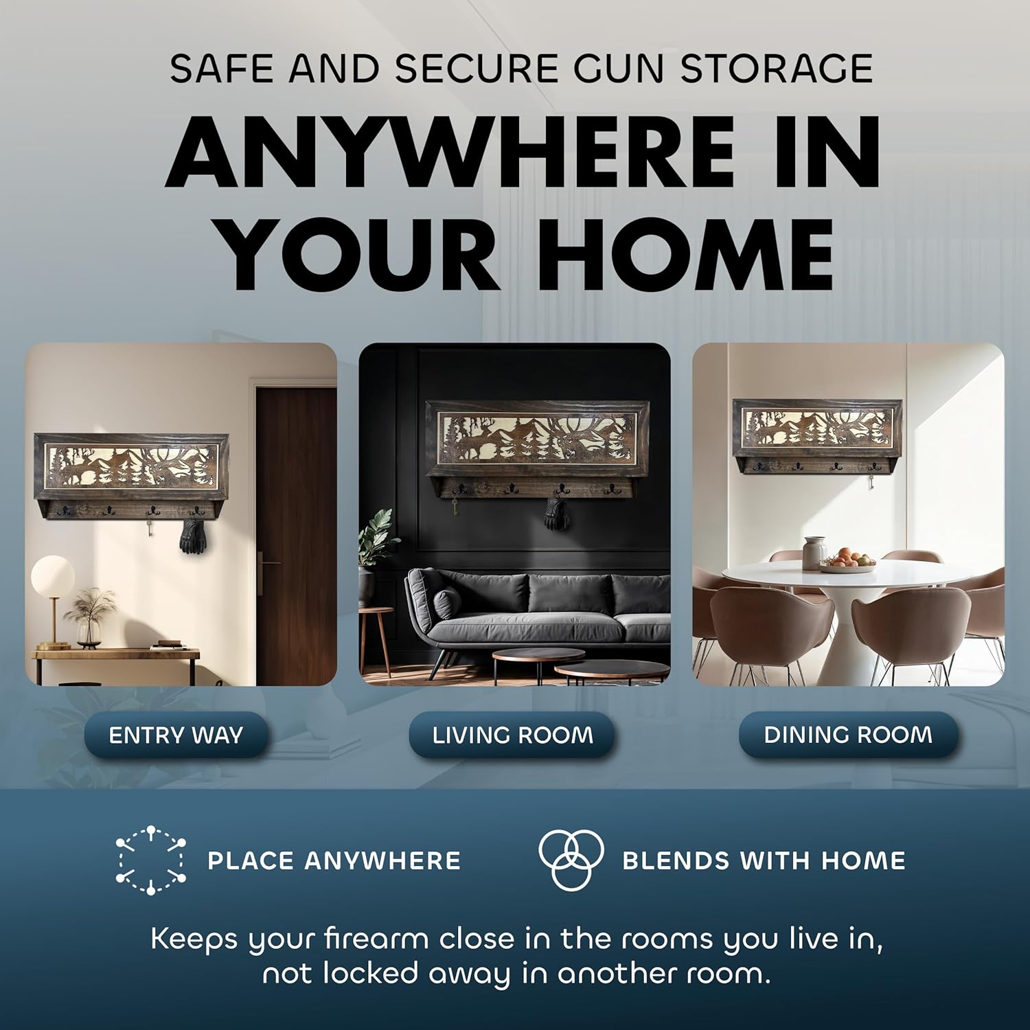 Deer Hunter Hidden Gun Storage - Coat Rack Concealment Shelf with Hooks for Coats, Bags, & Hats - Quick Access Hidden Gun Shelf - Hidden Storage Furniture with Secure Magnetic Lock