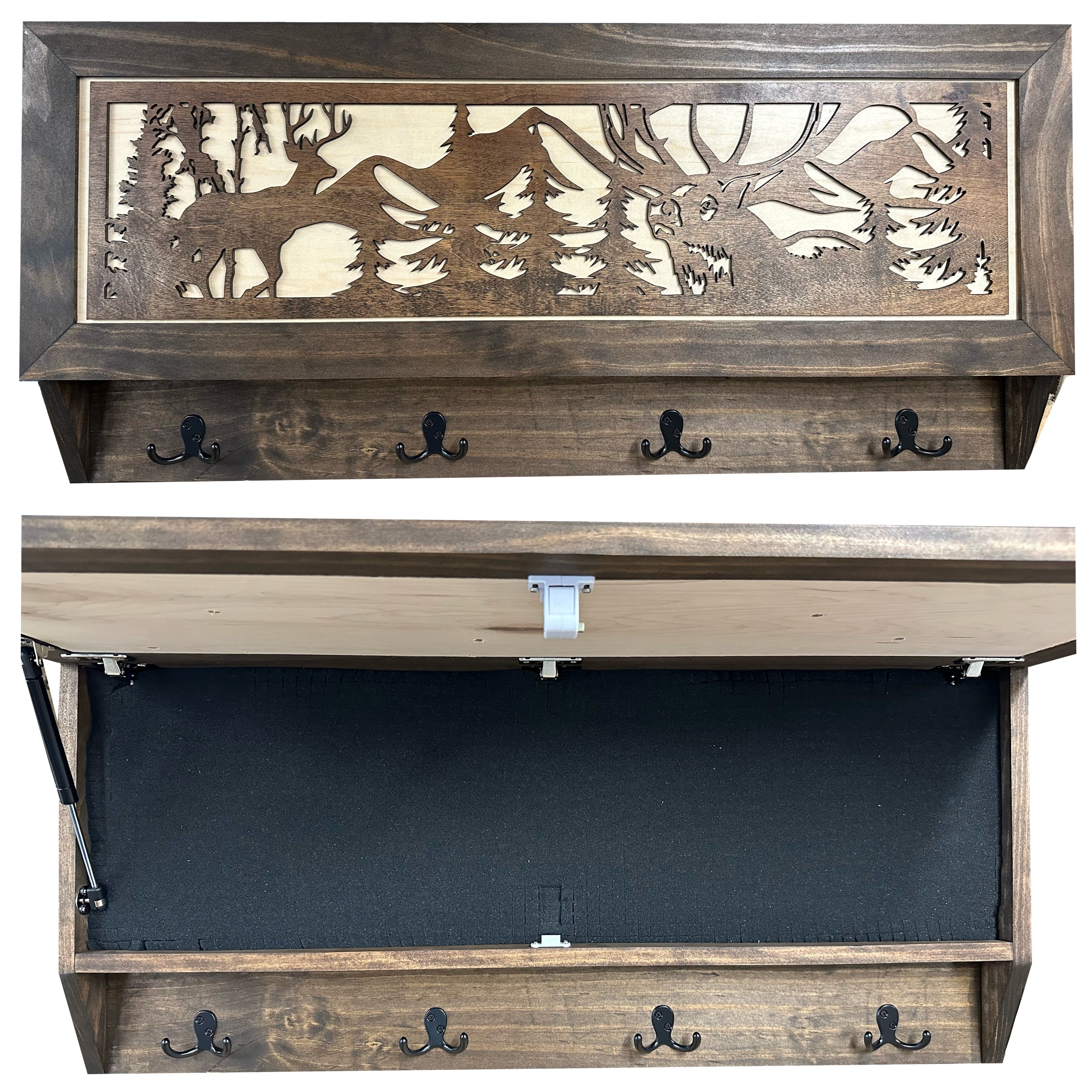 Deer Hunter Hidden Gun Storage - Coat Rack Concealment Shelf with Hooks for Coats, Bags, & Hats - Quick Access Hidden Gun Shelf - Hidden Storage Furniture with Secure Magnetic Lock