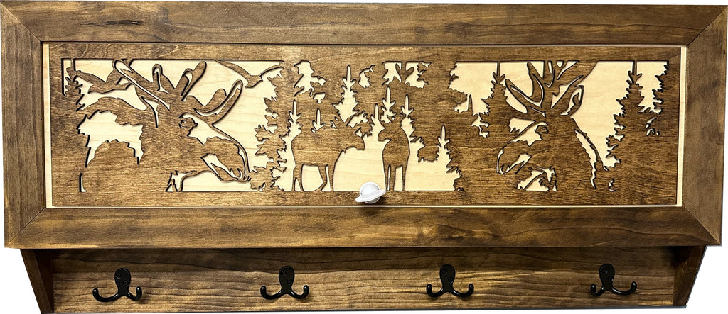 Moose Hunting Hidden Gun Storage Coat Rack Concealment Shelf with Hooks for Coats, Bags, & Hats