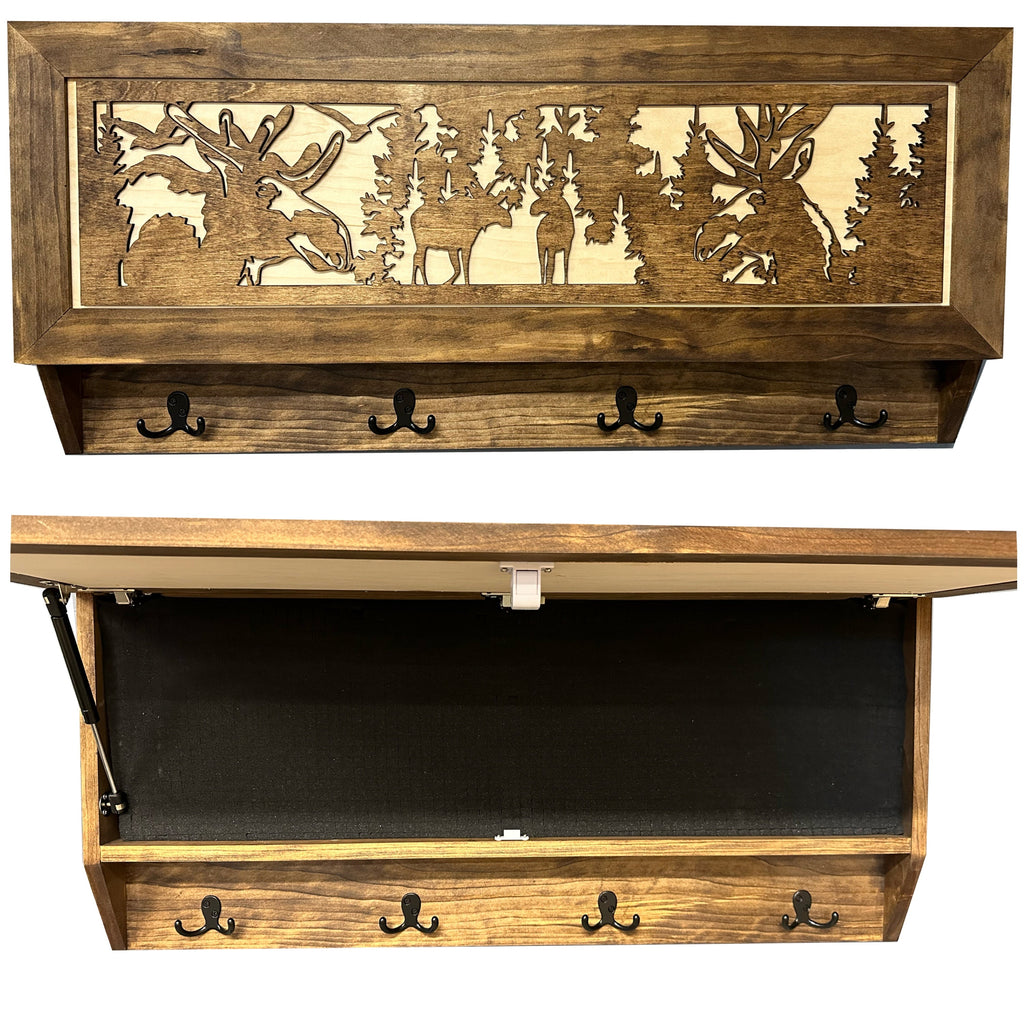 Moose Hunting Hidden Gun Storage Coat Rack Concealment Shelf with Hooks for Coats, Bags, & Hats