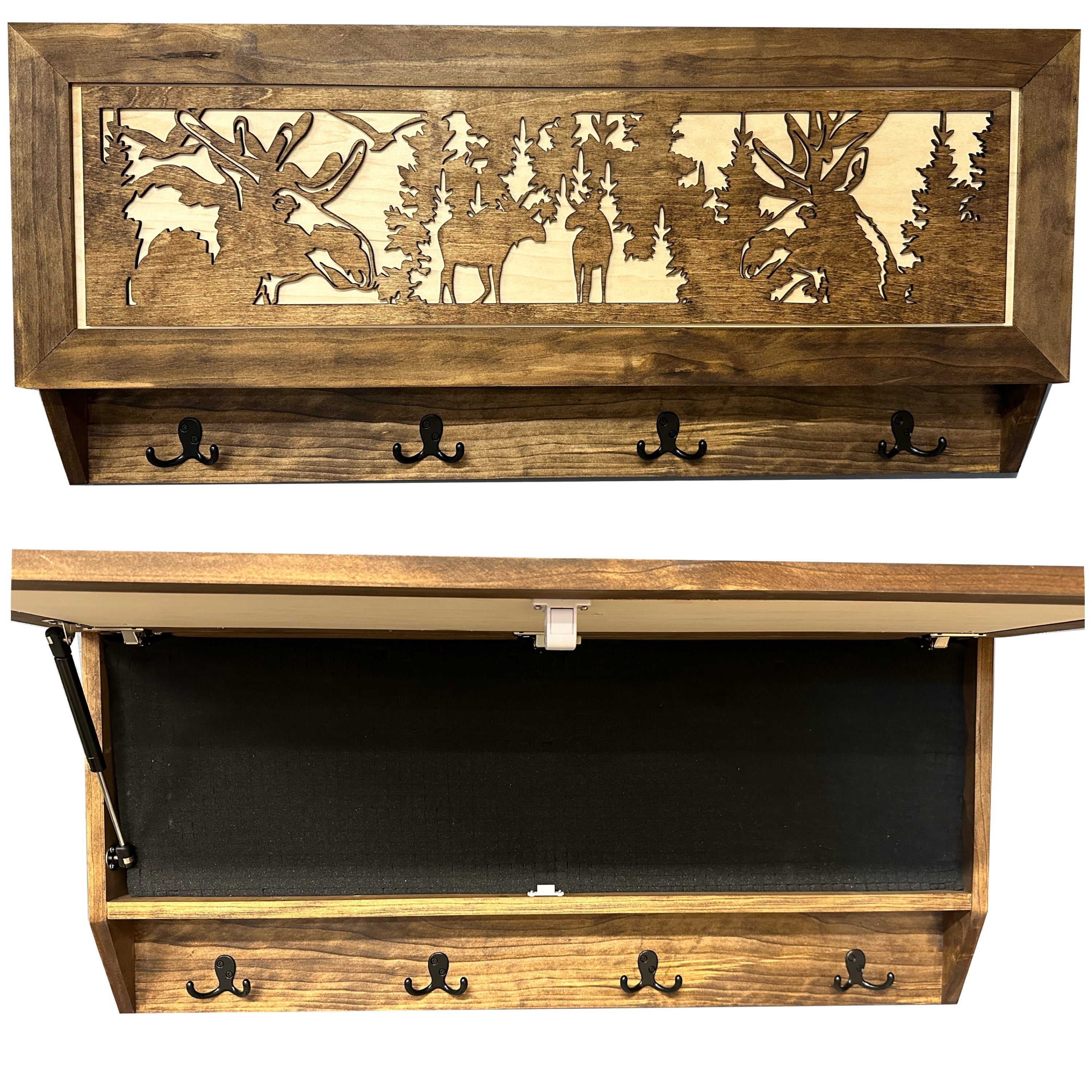 Moose Hunting Hidden Gun Storage Coat Rack Concealment Shelf with Hooks for Coats, Bags, & Hats
