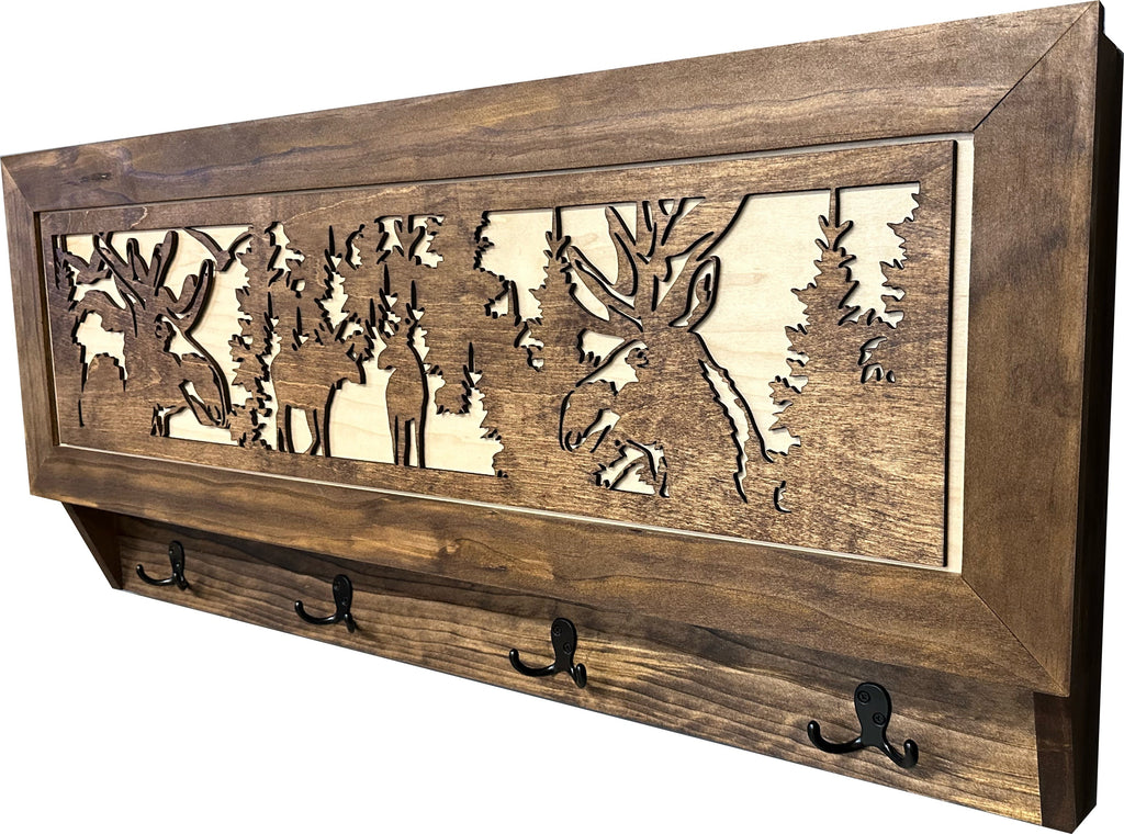 Moose Hunting Hidden Gun Storage Coat Rack Concealment Shelf with Hooks for Coats, Bags, & Hats