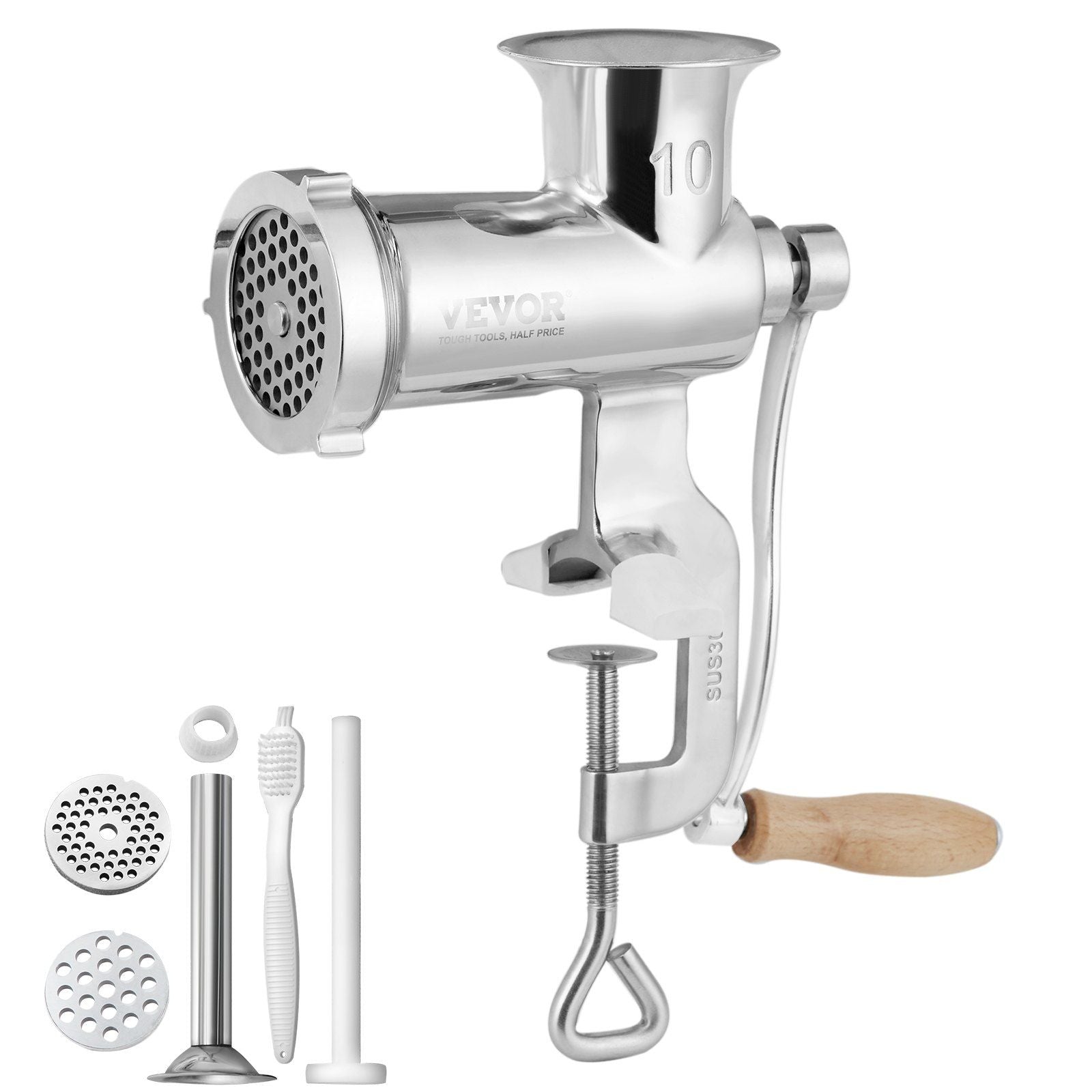 Manual Meat Grinder, All Parts Stainless Steel, Hand Operated Meat Grinding Machine with Tabletop Clamp, 2 Grinding Plates & Sausage Stuffer, Ideal for Home Kitchen Restaurant Butcher's Shop