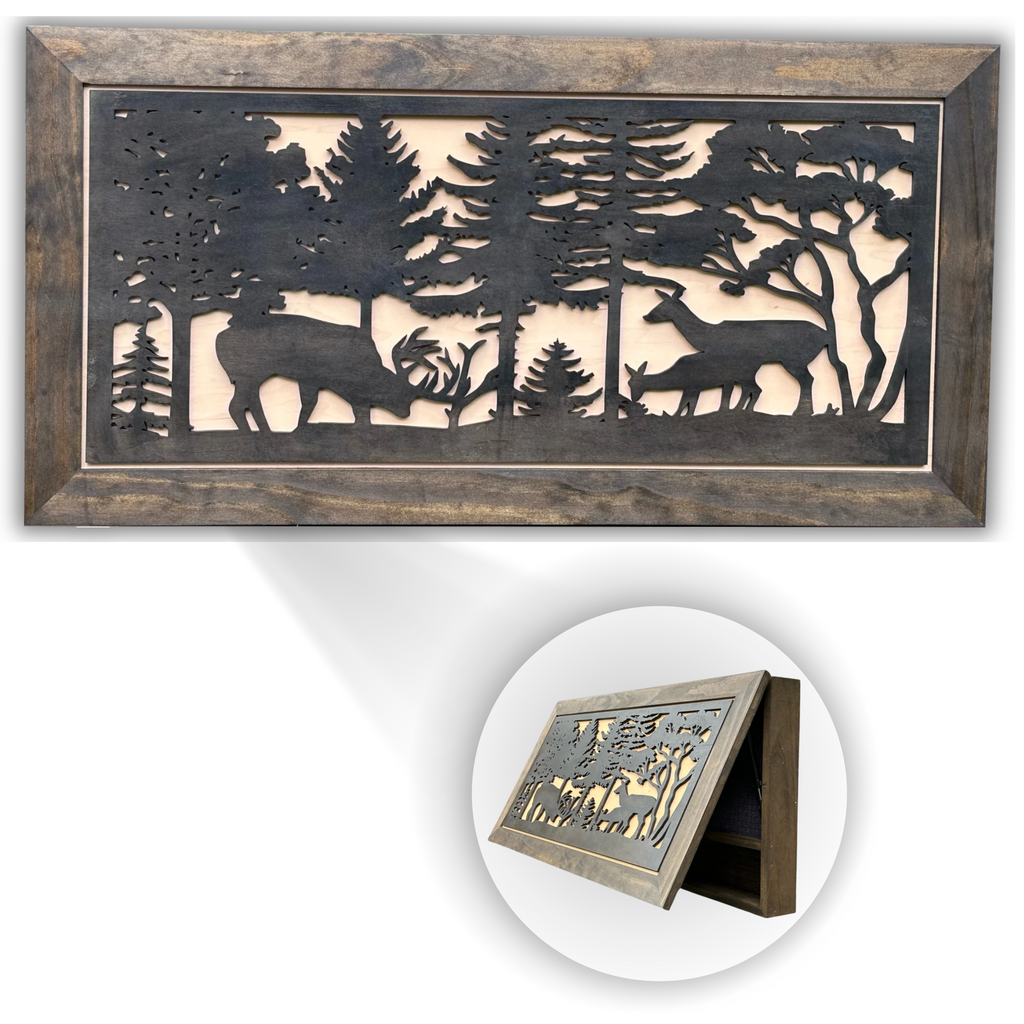Deer Scene Gun Concealment Decor - Handcrafted Wooden Gun Cabinets - Gun Shelf Hidden Storage for Rifles, Shotguns, & Handguns - Quick Access Hidden Wall Safe (Extra Large)