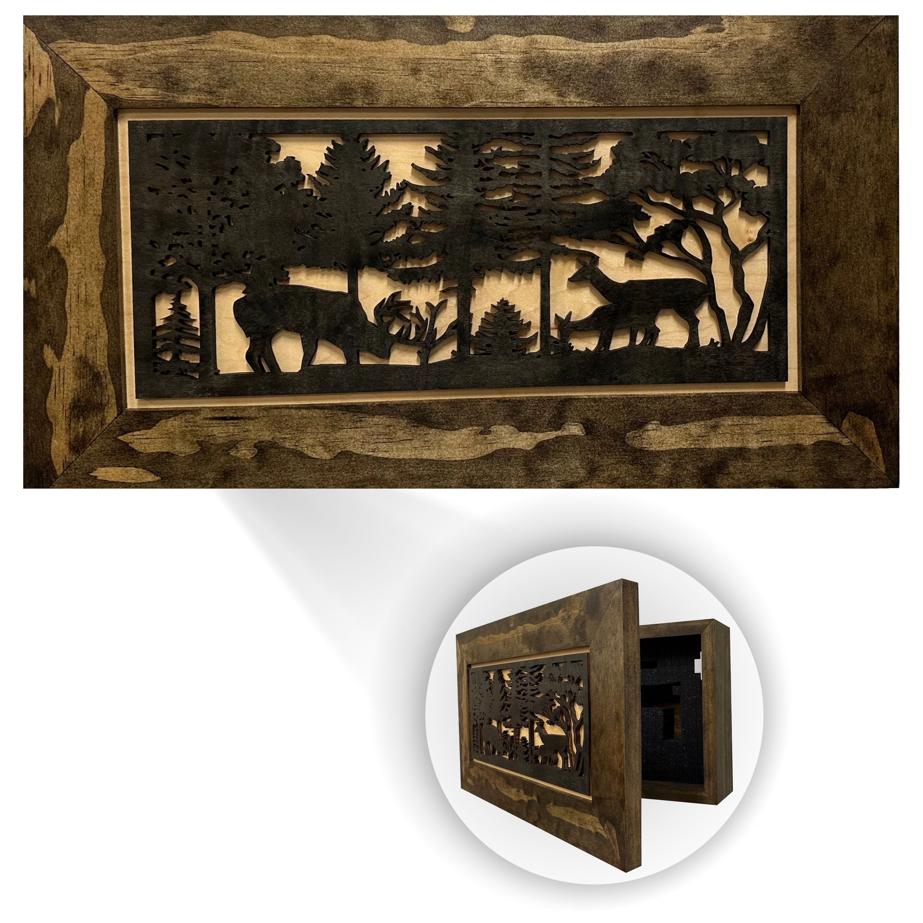 Hidden Gun Safe - Deer Scene Wall Gun Cabinet - Hidden Wall Storage - Wood Gun Cabinet - Handcrafted Gun Concealment Furniture - Hidden Gun Storage by Bellewood Designs
