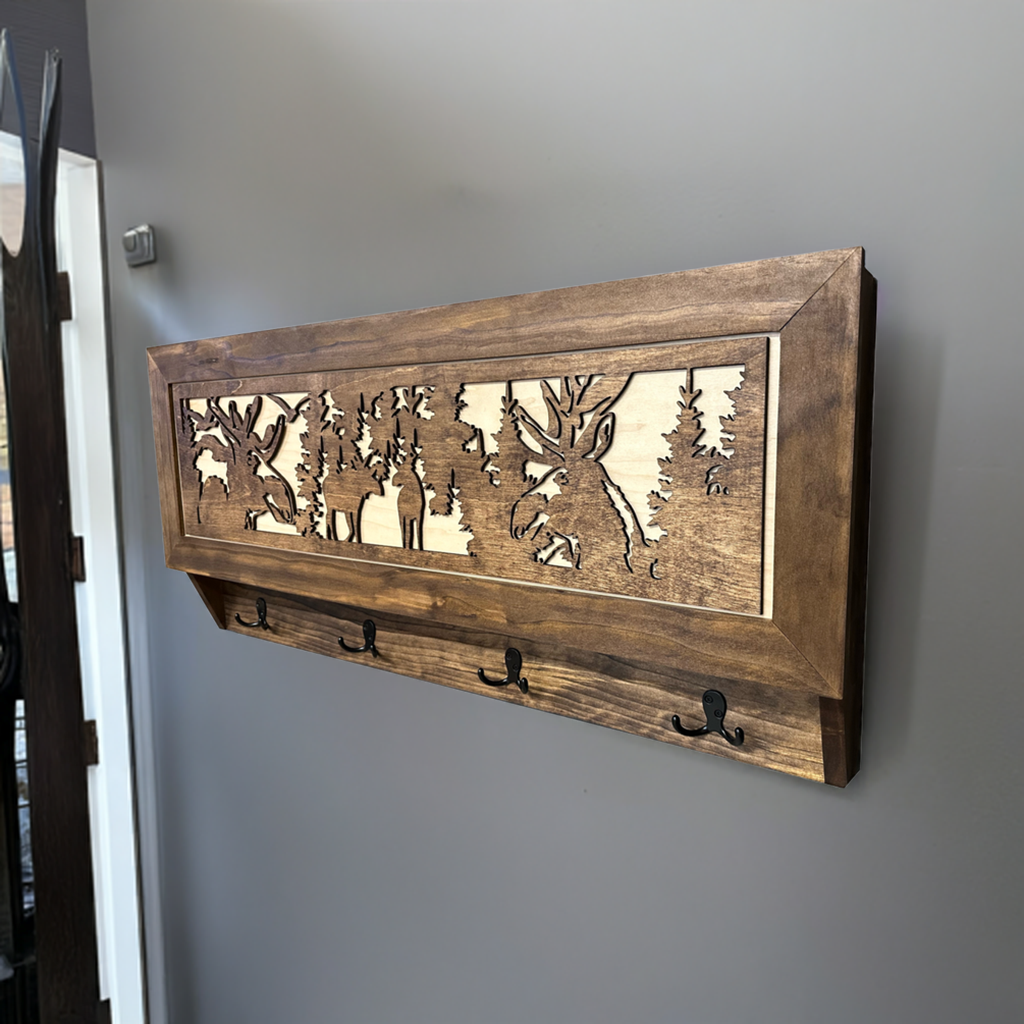 Moose Hunting Hidden Gun Storage Coat Rack Concealment Shelf with Hooks for Coats, Bags, & Hats