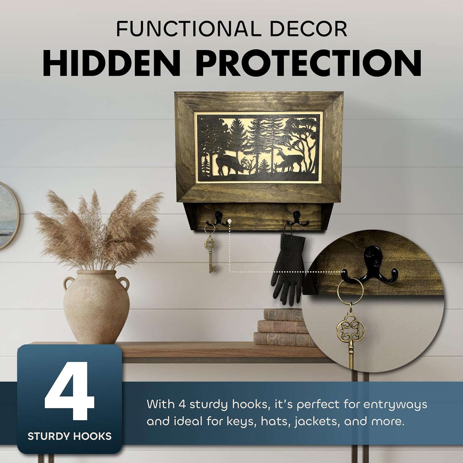 Gun Concealment Furniture - Deer Hunter Coat Rack Hidden Wall Safe with Hooks for Coats, Bags, & Hats - Quick Access Hidden Gun Storage - Wood Gun Cabinet with Secure Magnetic Lock