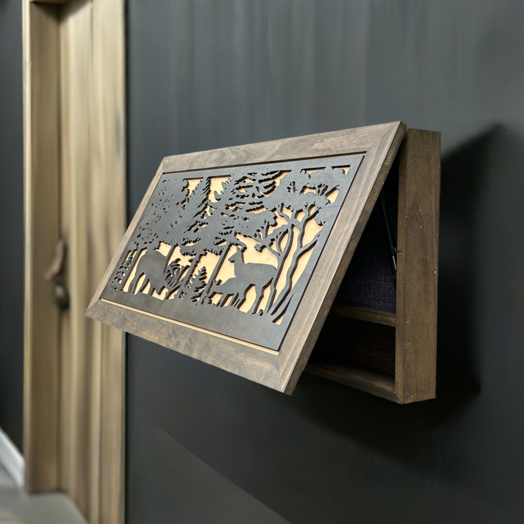 Deer Scene Gun Concealment Decor - Handcrafted Wooden Gun Cabinets - Gun Shelf Hidden Storage for Rifles, Shotguns, & Handguns - Quick Access Hidden Wall Safe (Extra Large)