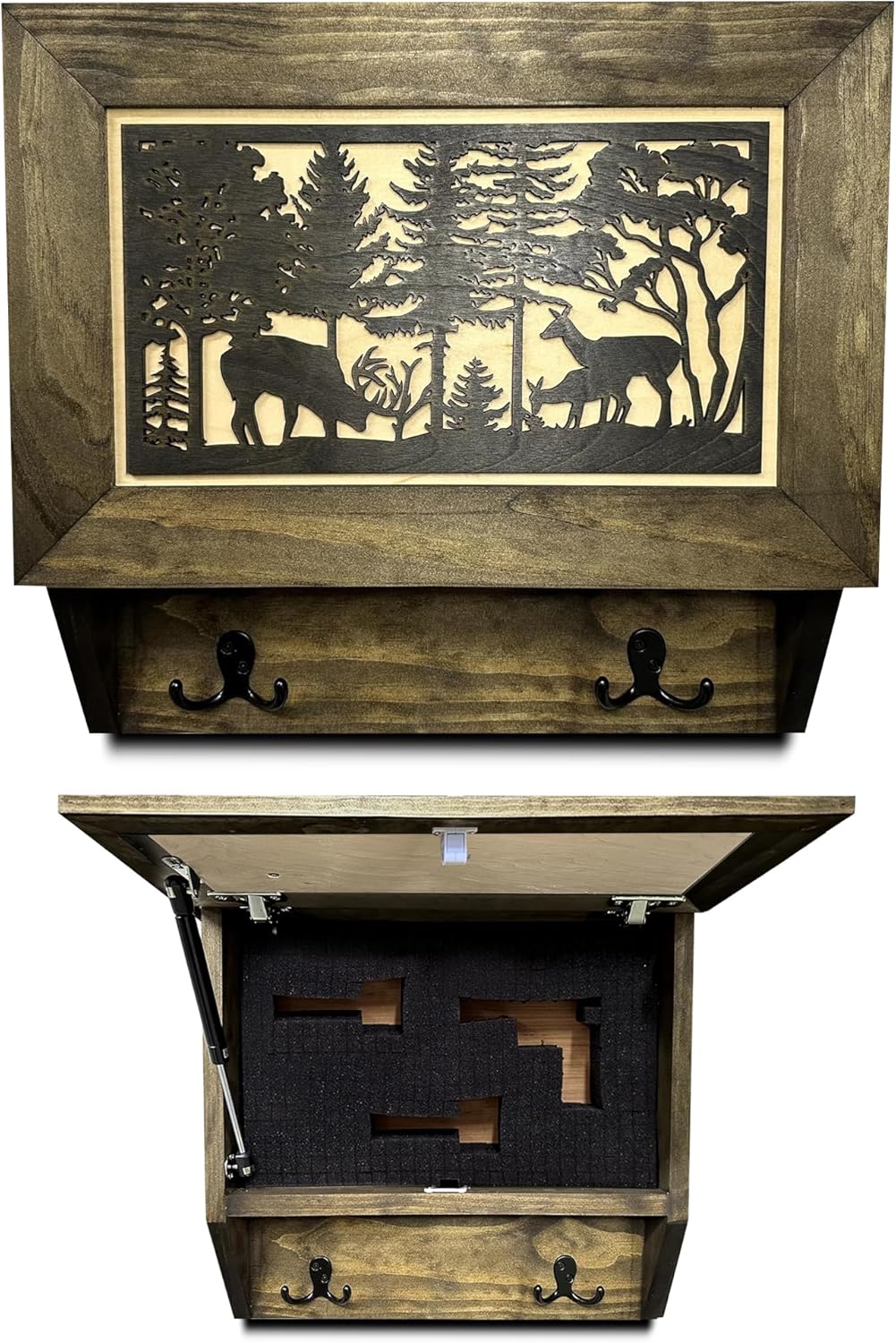 Gun Concealment Furniture - Deer Hunter Coat Rack Hidden Wall Safe with Hooks for Coats, Bags, & Hats - Quick Access Hidden Gun Storage - Wood Gun Cabinet with Secure Magnetic Lock