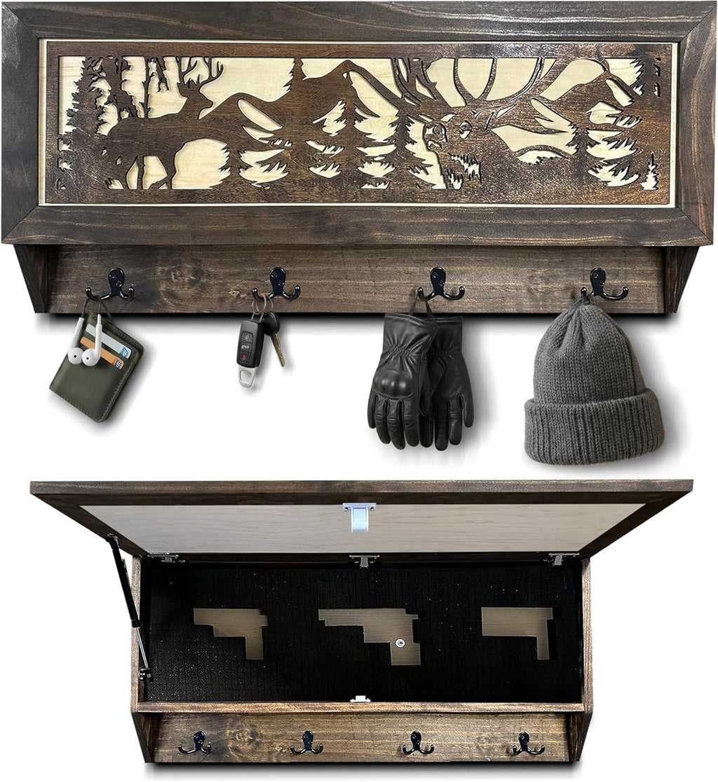 Deer Hunter Hidden Gun Storage - Coat Rack Concealment Shelf with Hooks for Coats, Bags, & Hats - Quick Access Hidden Gun Shelf - Hidden Storage Furniture with Secure Magnetic Lock