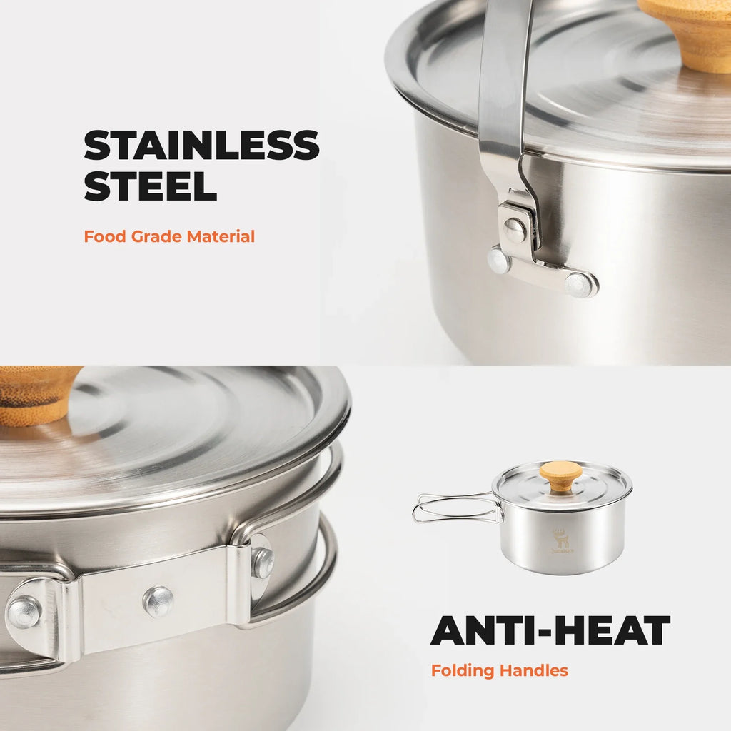 304 Stainless Steel 5-Piece Camping Cookware Set with Teflon Coating