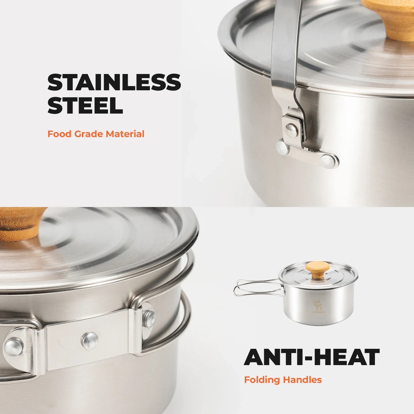 304 Stainless Steel 5-Piece Camping Cookware Set with Teflon Coating