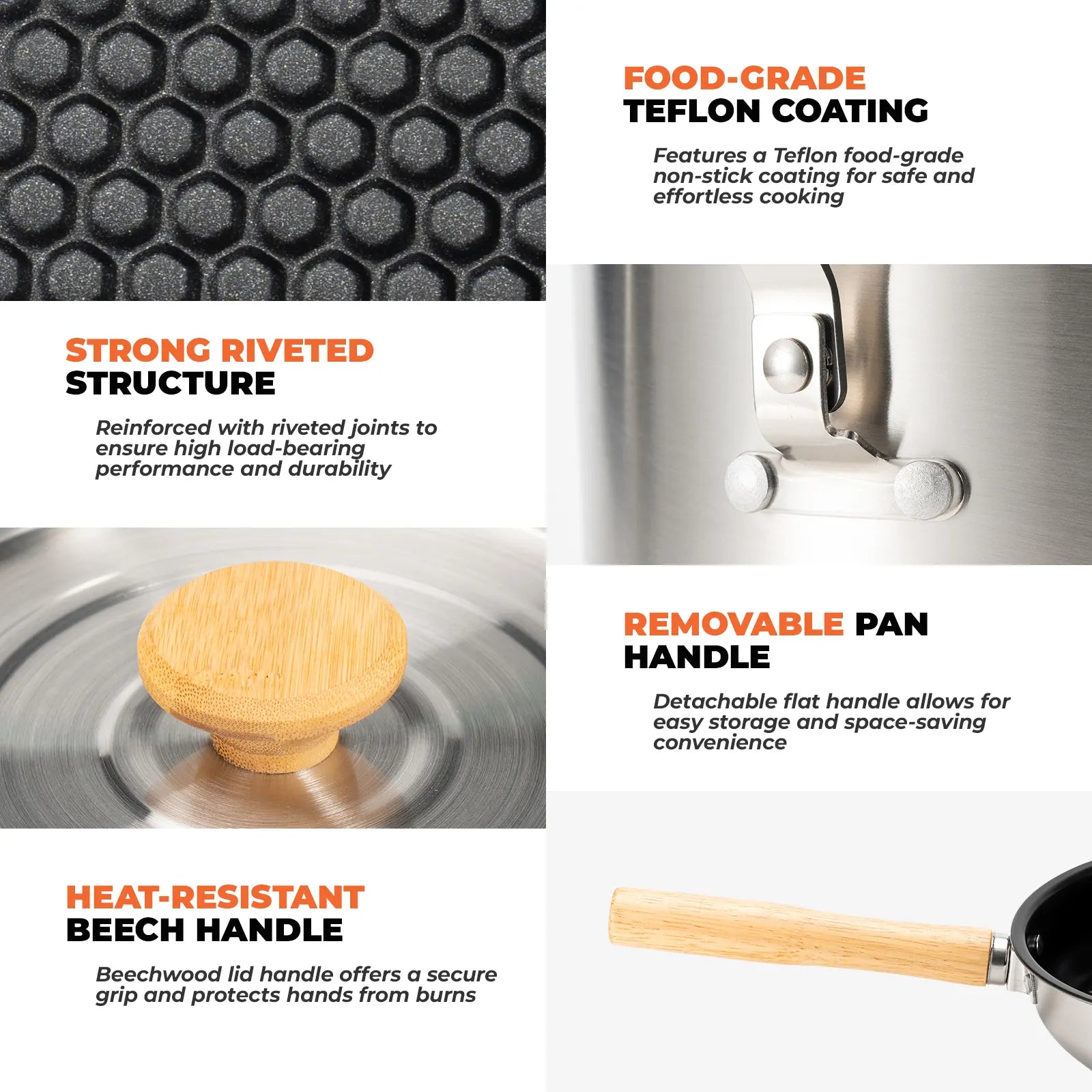 304 Stainless Steel 5-Piece Camping Cookware Set with Teflon Coating