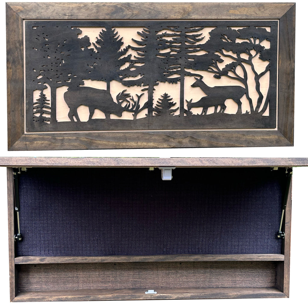 Deer Scene Gun Concealment Decor - Handcrafted Wooden Gun Cabinets - Gun Shelf Hidden Storage for Rifles, Shotguns, & Handguns - Quick Access Hidden Wall Safe (Extra Large)